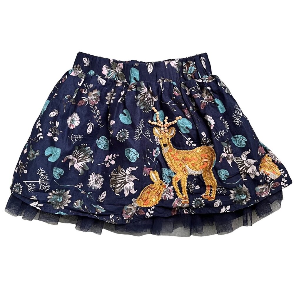 Woodland Holiday Fall Autumn 4 4T Skirt Sequins Botanical Deer Rabbit Blue